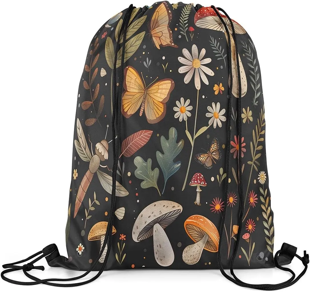 Erosebridal Mushroom String Backpack 13X15.7 Dragonfly Butterfly Draw String Back Bag Jungle Wildflower Drawstring Bags Natural Rustic Fungus Plant Drawstring Backpack