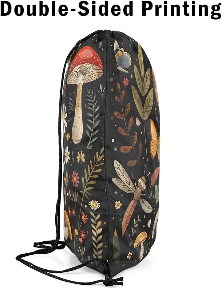 Erosebridal Mushroom String Backpack 13X15.7 Dragonfly Butterfly Draw String Back Bag Jungle Wildflower Drawstring Bags Natural Rustic Fungus Plant Drawstring Backpack