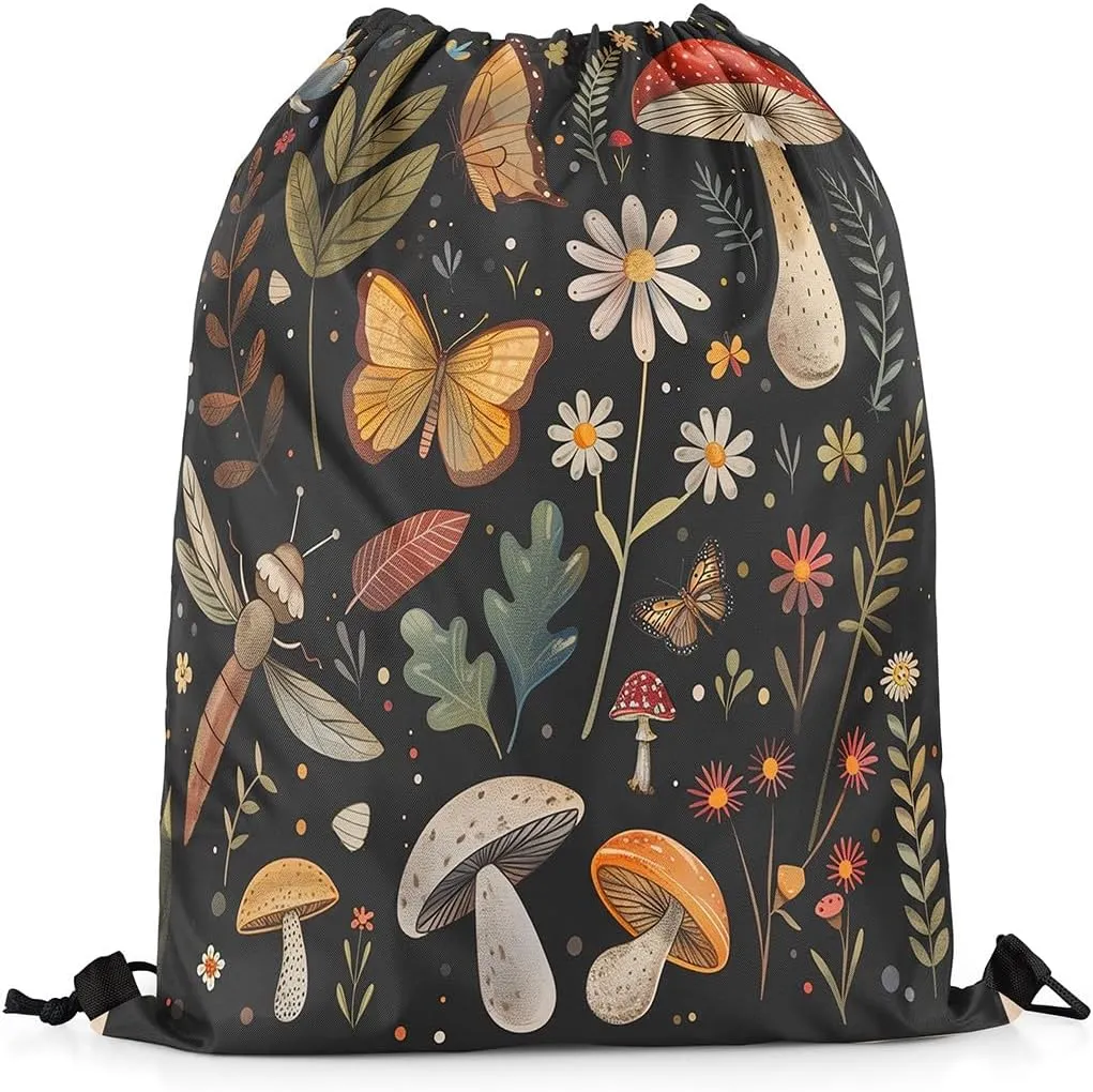 Erosebridal Mushroom String Backpack 13X15.7 Dragonfly Butterfly Draw String Back Bag Jungle Wildflower Drawstring Bags Natural Rustic Fungus Plant Drawstring Backpack