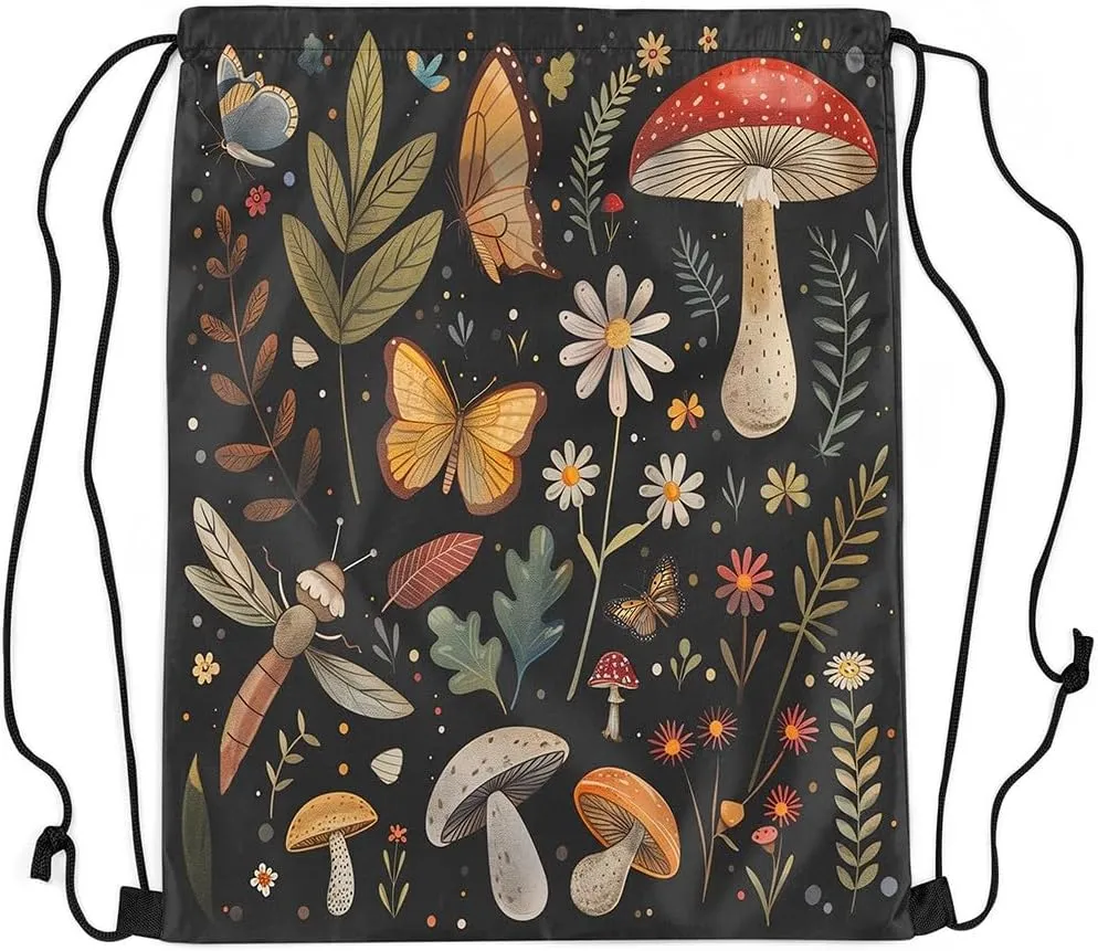 Erosebridal Mushroom String Backpack 13X15.7 Dragonfly Butterfly Draw String Back Bag Jungle Wildflower Drawstring Bags Natural Rustic Fungus Plant Drawstring Backpack