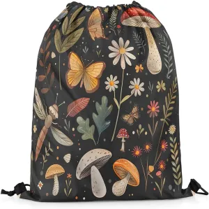 Erosebridal Mushroom String Backpack 13X15.7 Dragonfly Butterfly Draw String Back Bag Jungle Wildflower Drawstring Bags Natural Rustic Fungus Plant Drawstring Backpack