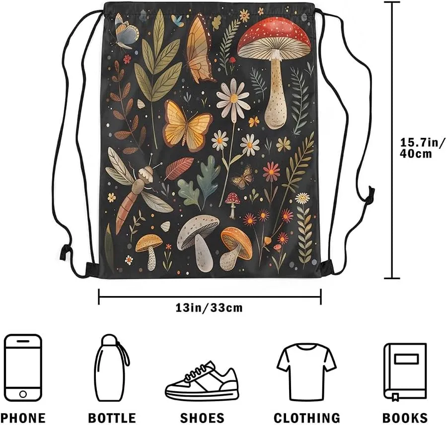 Erosebridal Mushroom String Backpack 13X15.7 Dragonfly Butterfly Draw String Back Bag Jungle Wildflower Drawstring Bags Natural Rustic Fungus Plant Drawstring Backpack