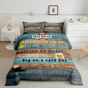 Erosebridal Pool Rules Comforter Set Queen, Lake House Bedding Sets for Kids Teens Adult Bedroom Decor, Rustic Farmhouse Duvet Insert Wooden Barn Quilted Duvet Lake Cabin Decor, 2 Pillow Cases
