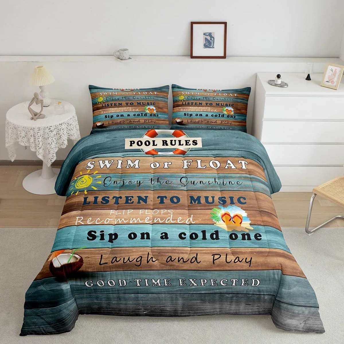 Erosebridal Pool Rules Comforter Set Queen, Lake House Bedding Sets for Kids Teens Adult Bedroom Decor, Rustic Farmhouse Duvet Insert Wooden Barn Quilted Duvet Lake Cabin Decor, 2 Pillow Cases