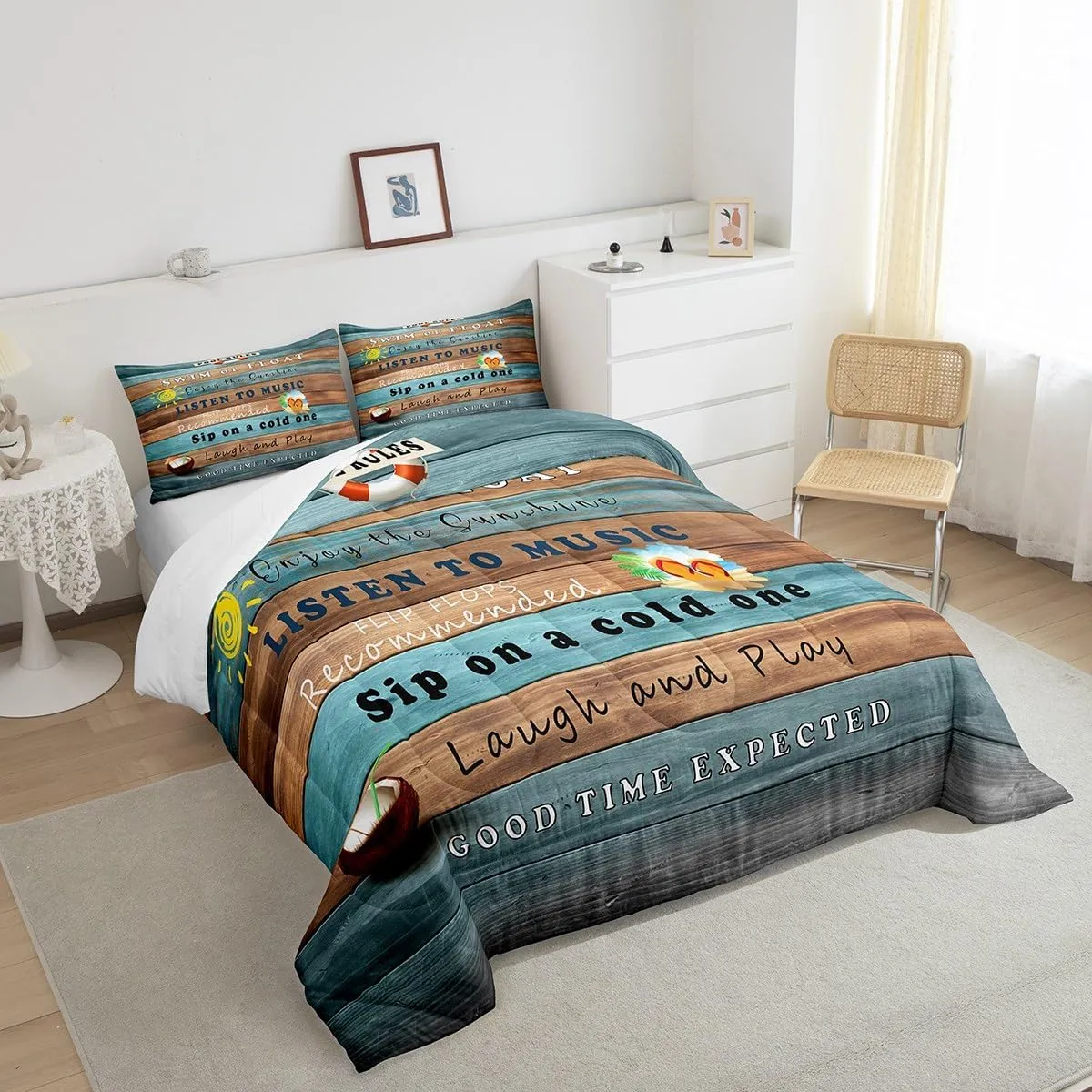 Erosebridal Pool Rules Comforter Set Queen, Lake House Bedding Sets for Kids Teens Adult Bedroom Decor, Rustic Farmhouse Duvet Insert Wooden Barn Quilted Duvet Lake Cabin Decor, 2 Pillow Cases