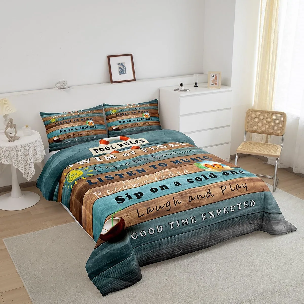 Erosebridal Pool Rules Comforter Set Queen, Lake House Bedding Sets for Kids Teens Adult Bedroom Decor, Rustic Farmhouse Duvet Insert Wooden Barn Quilted Duvet Lake Cabin Decor, 2 Pillow Cases