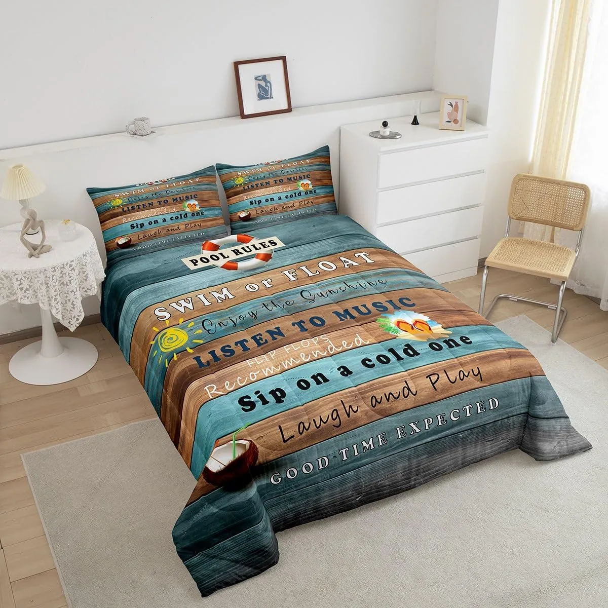 Erosebridal Pool Rules Comforter Set Queen, Lake House Bedding Sets for Kids Teens Adult Bedroom Decor, Rustic Farmhouse Duvet Insert Wooden Barn Quilted Duvet Lake Cabin Decor, 2 Pillow Cases