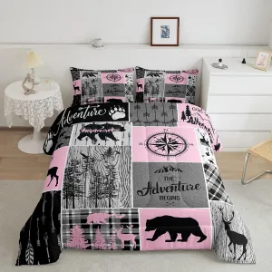 Erosebridal Retro Cabin Rustic Bedding for Bedroom Decor, Farmhouse Lodge Bear Comforter Set Queen Size, Hunting Wild Animal Camper Quilt Buffalo Plaid Patchwork Duvet Insert, Grey Black Pink