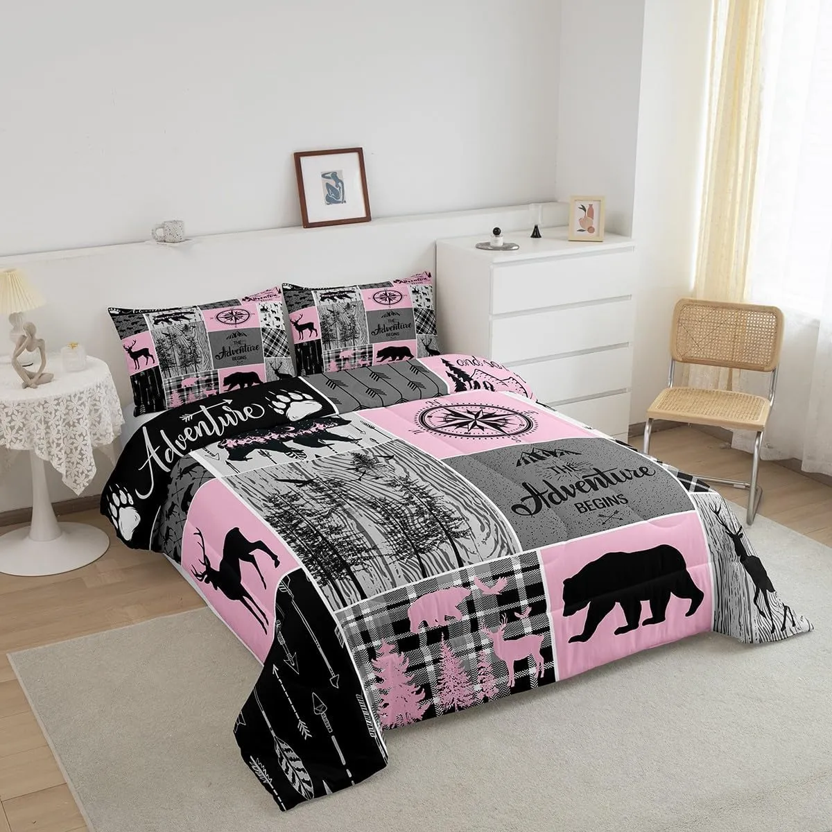 Erosebridal Retro Cabin Rustic Bedding for Bedroom Decor, Farmhouse Lodge Bear Comforter Set Queen Size, Hunting Wild Animal Camper Quilt Buffalo Plaid Patchwork Duvet Insert, Grey Black Pink