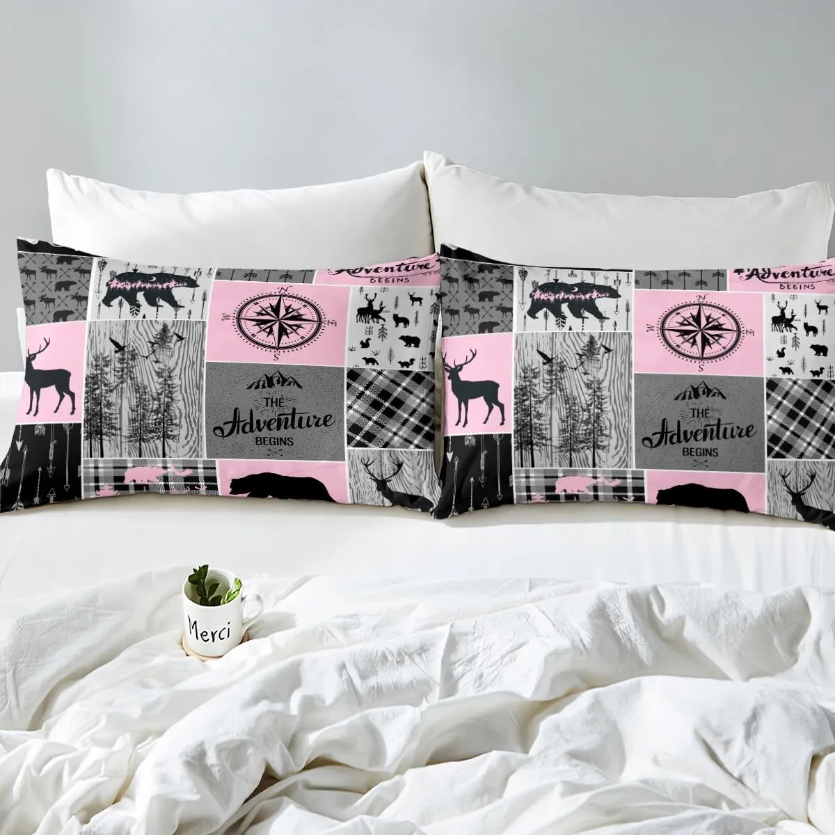 Erosebridal Retro Cabin Rustic Bedding for Bedroom Decor, Farmhouse Lodge Bear Comforter Set Queen Size, Hunting Wild Animal Camper Quilt Buffalo Plaid Patchwork Duvet Insert, Grey Black Pink