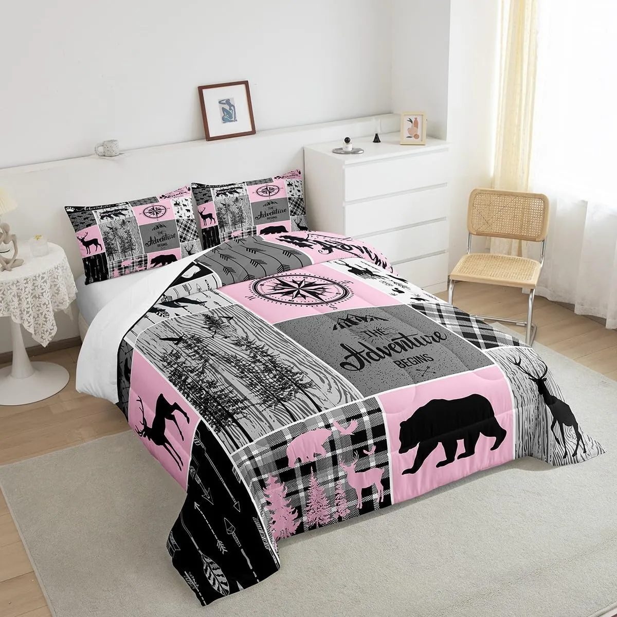 Erosebridal Retro Cabin Rustic Bedding for Bedroom Decor, Farmhouse Lodge Bear Comforter Set Queen Size, Hunting Wild Animal Camper Quilt Buffalo Plaid Patchwork Duvet Insert, Grey Black Pink
