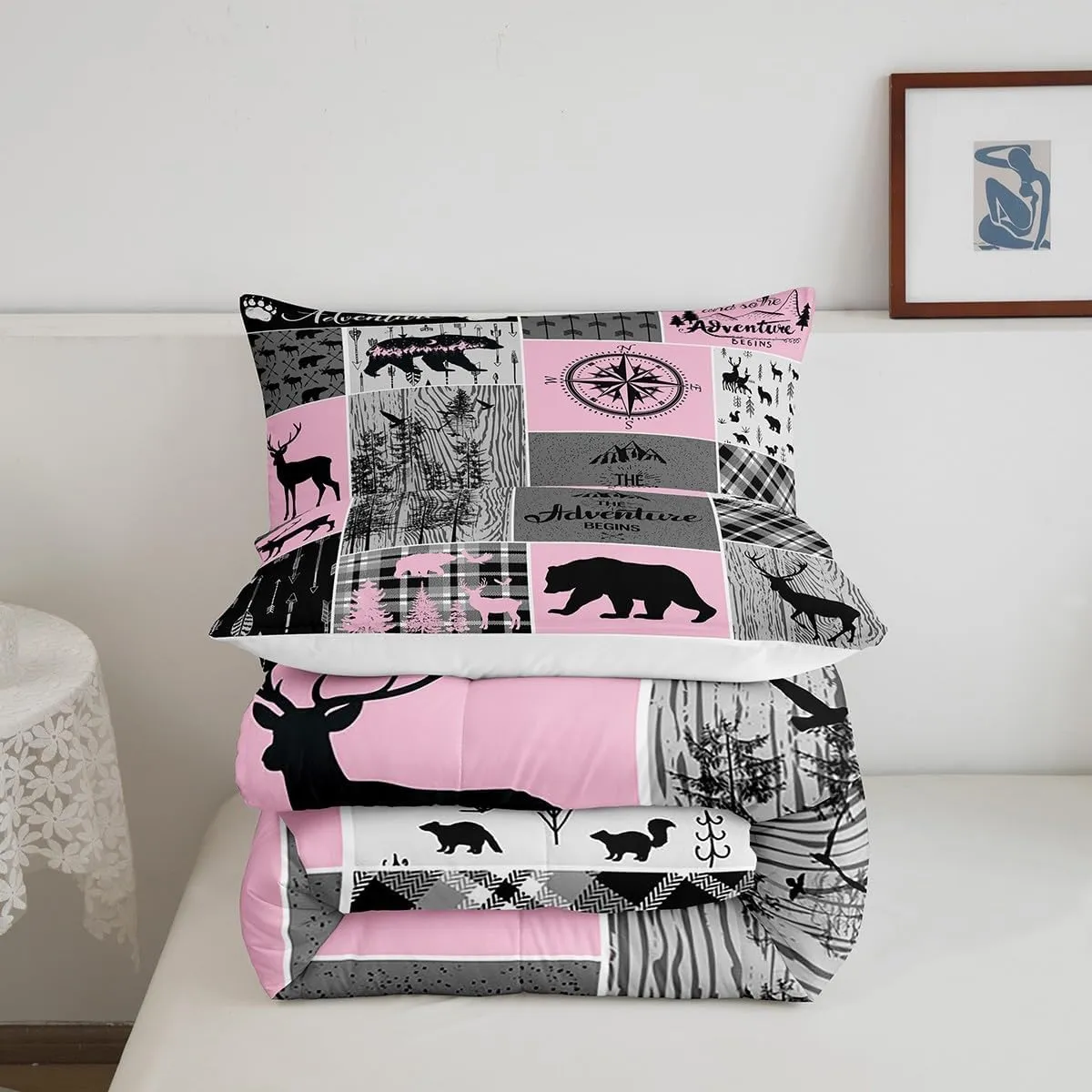Erosebridal Retro Cabin Rustic Bedding for Bedroom Decor, Farmhouse Lodge Bear Comforter Set Queen Size, Hunting Wild Animal Camper Quilt Buffalo Plaid Patchwork Duvet Insert, Grey Black Pink
