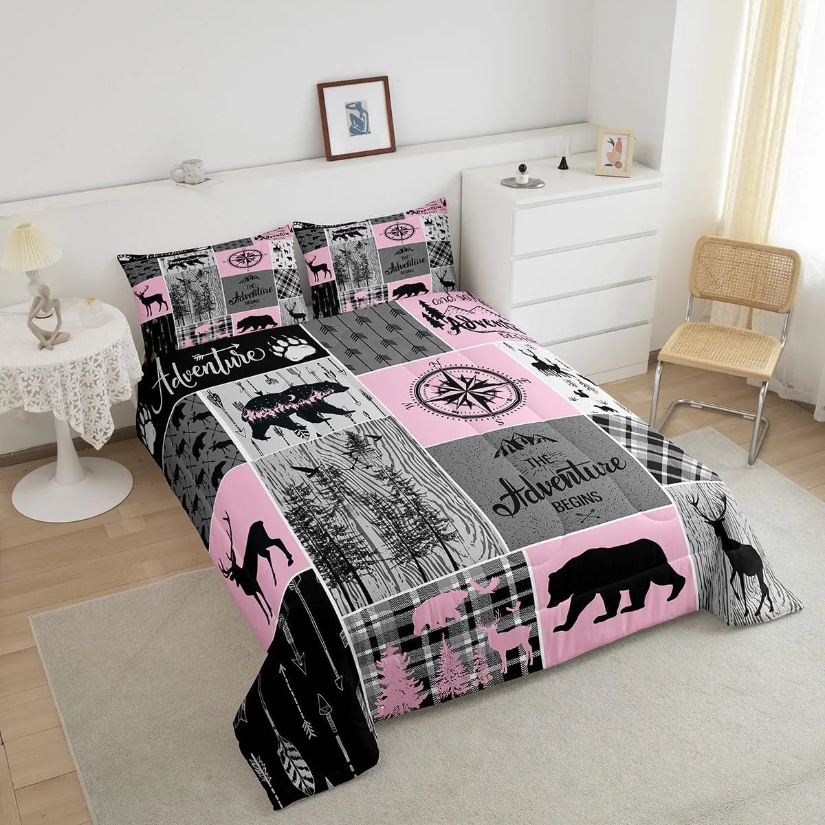 Erosebridal Retro Cabin Rustic Bedding for Bedroom Decor, Farmhouse Lodge Bear Comforter Set Queen Size, Hunting Wild Animal Camper Quilt Buffalo Plaid Patchwork Duvet Insert, Grey Black Pink