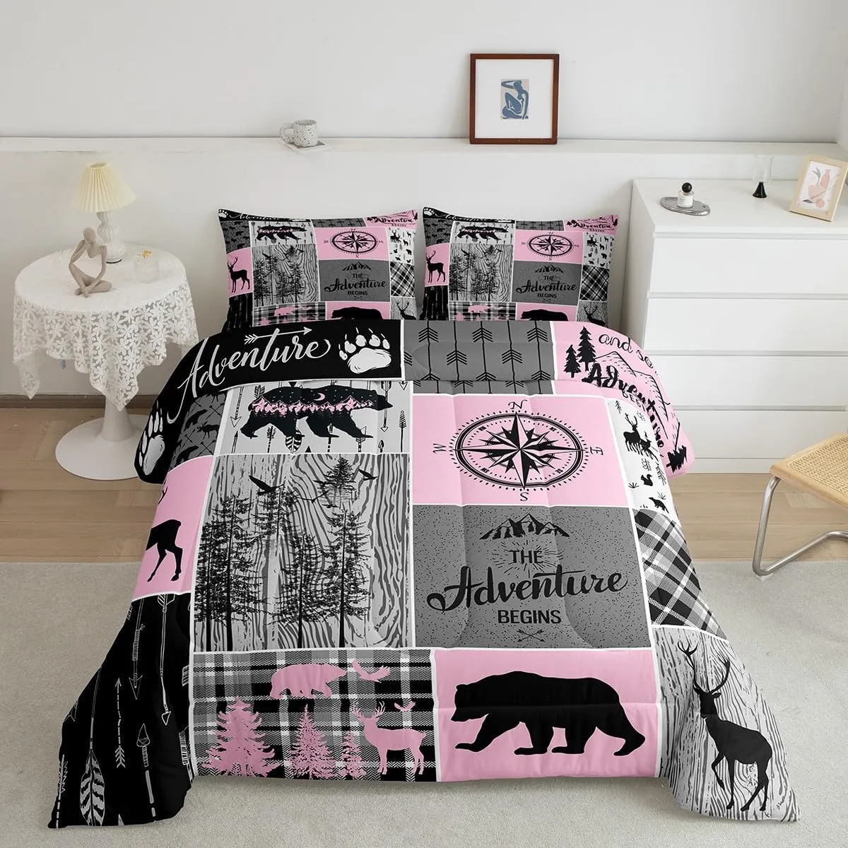 Erosebridal Retro Cabin Rustic Bedding for Bedroom Decor, Farmhouse Lodge Bear Comforter Set Queen Size, Hunting Wild Animal Camper Quilt Buffalo Plaid Patchwork Duvet Insert, Grey Black Pink