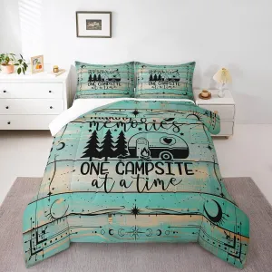 Erosebridal Rv Camper Comforter Set Queen Size, Happy Camping Quilt Country Rustic Farmhous Bedding Set for Kids Boys Teens,Vintage Wooden Barn Door Bedding Comforter Sets with 2 Pillow Cases, Green