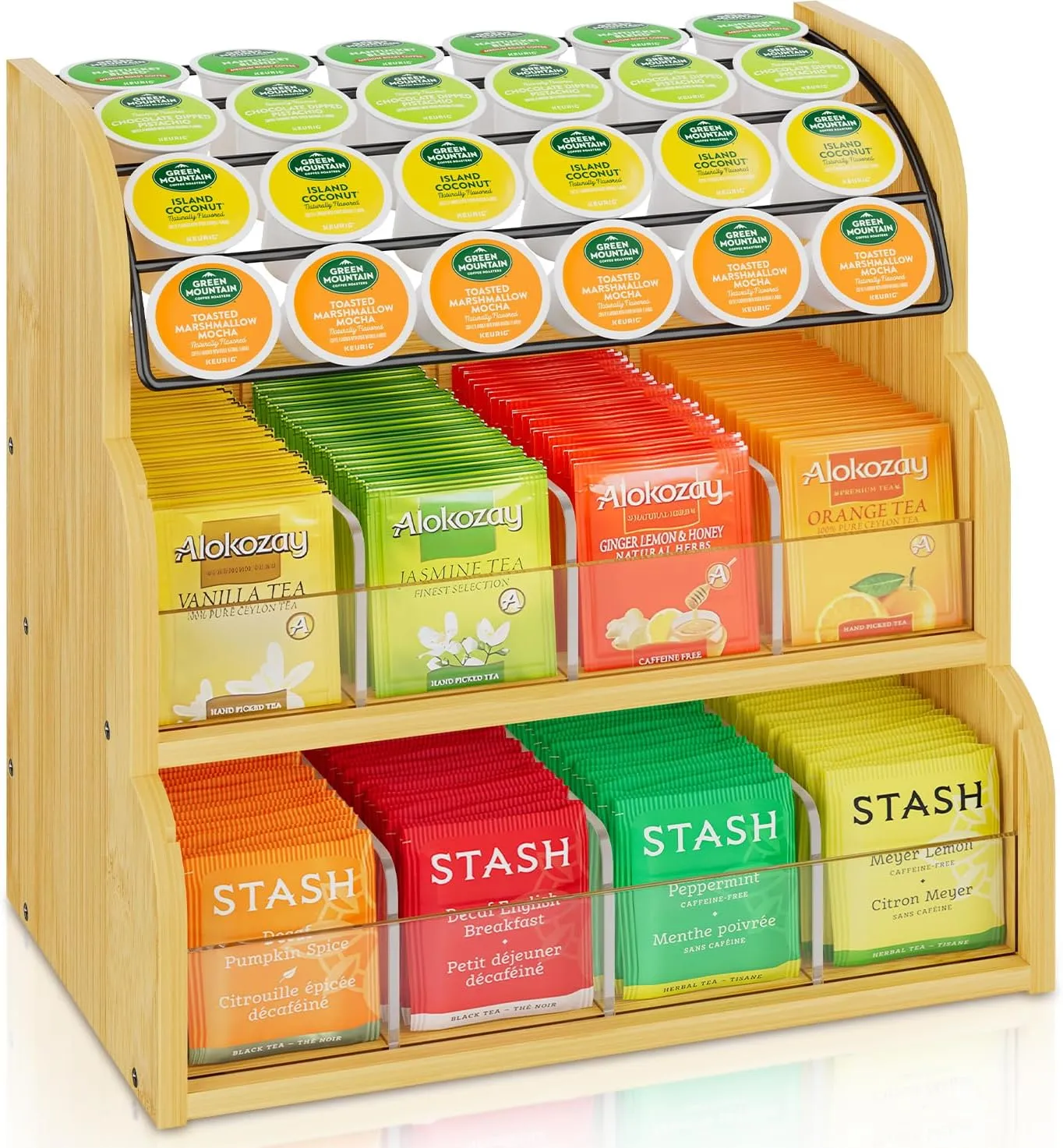EsLuker.ly Tea Bag Holder Coffee Pod Organizer for Countertop Cabinet, Bamboo 3 Tier Teabag Packet Display Shelf and K Cups Rack Stand for Tea Bar & Coffee Station Storage, Save Space Elegantly