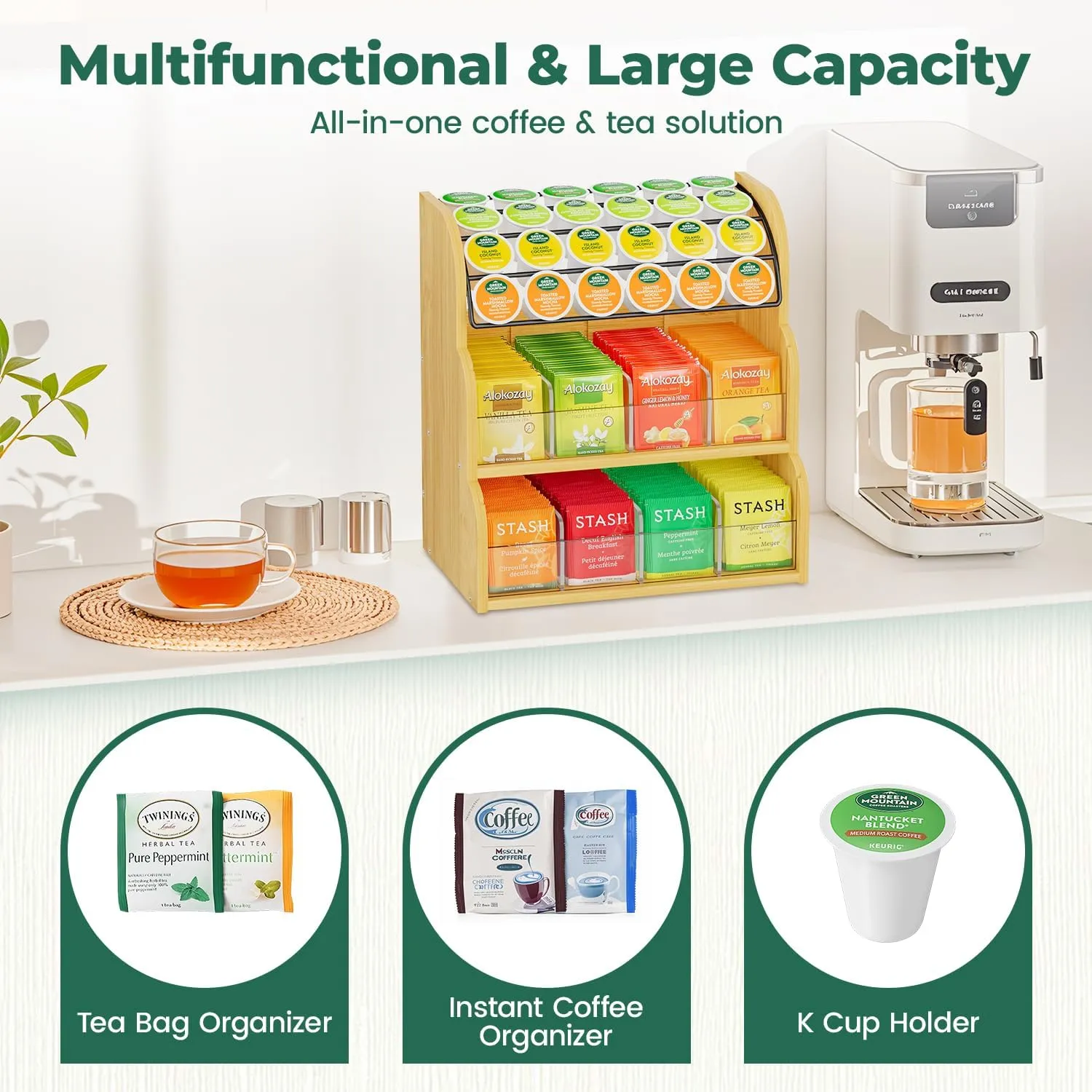 EsLuker.ly Tea Bag Holder Coffee Pod Organizer for Countertop Cabinet, Bamboo 3 Tier Teabag Packet Display Shelf and K Cups Rack Stand for Tea Bar & Coffee Station Storage, Save Space Elegantly