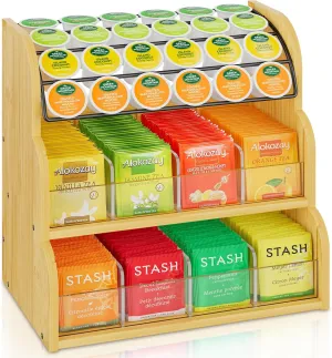 EsLuker.ly Tea Bag Holder Coffee Pod Organizer for Countertop Cabinet, Bamboo 3 Tier Teabag Packet Display Shelf and K Cups Rack Stand for Tea Bar & Coffee Station Storage, Save Space Elegantly