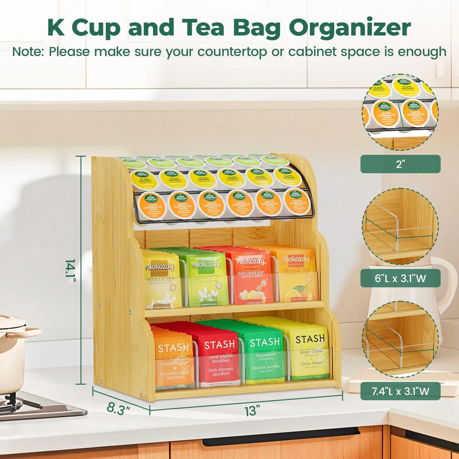 EsLuker.ly Tea Bag Holder Coffee Pod Organizer for Countertop Cabinet, Bamboo 3 Tier Teabag Packet Display Shelf and K Cups Rack Stand for Tea Bar & Coffee Station Storage, Save Space Elegantly