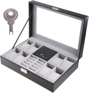 esmen Jewelry Case 11.8in Multifunctional Watch Box Lockable Jewelry Box with Transparent Glass Lid Watch Storage Box for Watch Bracelet Ring Organizer Watch Storage Box
