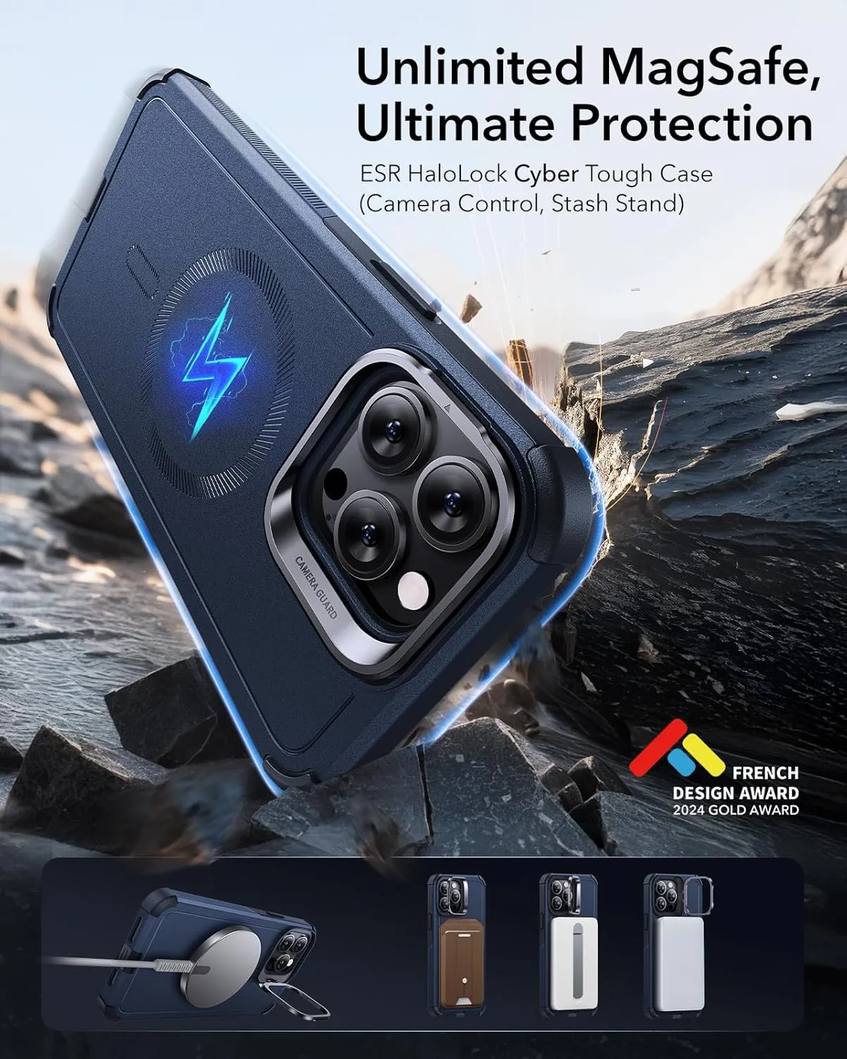 ESR for iPhone 13 Pro Case with Stand, 23 ft Military-Grade Drop Protection Heavy Duty Magnetic Phone Case, Compatible with MagSafe Accessories, Cyber Series, Blue