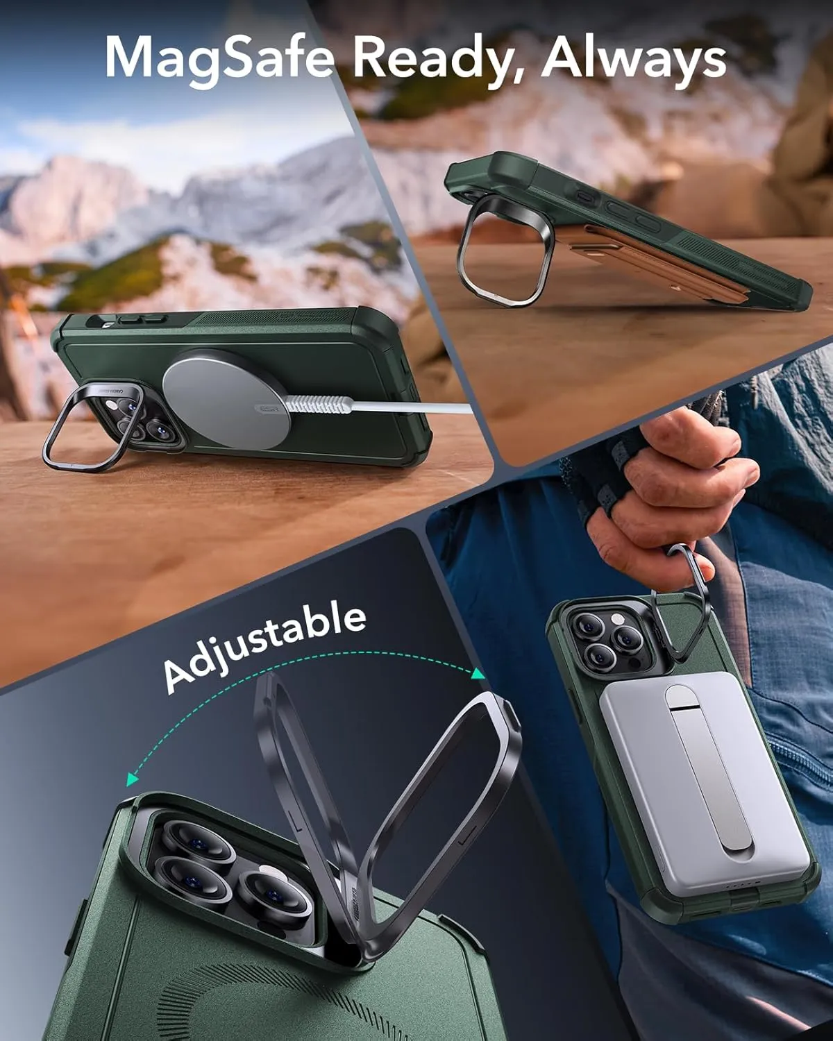 ESR for iPhone 13 Pro Case with Stand, 23 ft Military-Grade Drop Protection Heavy Duty Magnetic Phone Case, Compatible with MagSafe Accessories, Cyber Series, Green