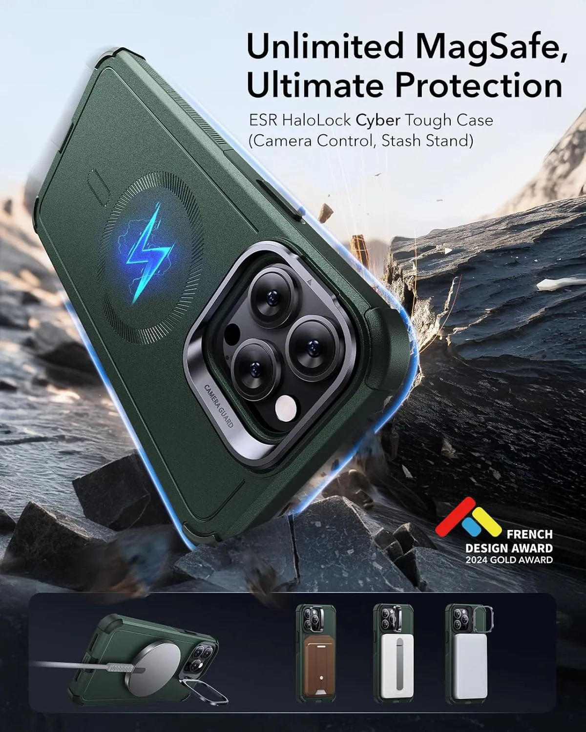 ESR for iPhone 13 Pro Case with Stand, 23 ft Military-Grade Drop Protection Heavy Duty Magnetic Phone Case, Compatible with MagSafe Accessories, Cyber Series, Green