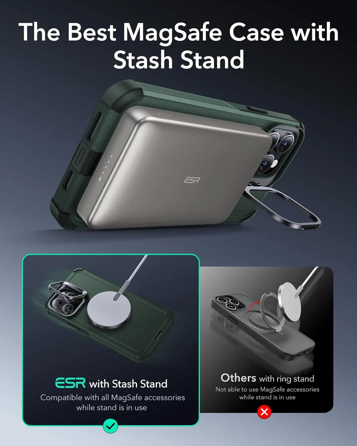 ESR for iPhone 13 Pro Case with Stand, 23 ft Military-Grade Drop Protection Heavy Duty Magnetic Phone Case, Compatible with MagSafe Accessories, Cyber Series, Green