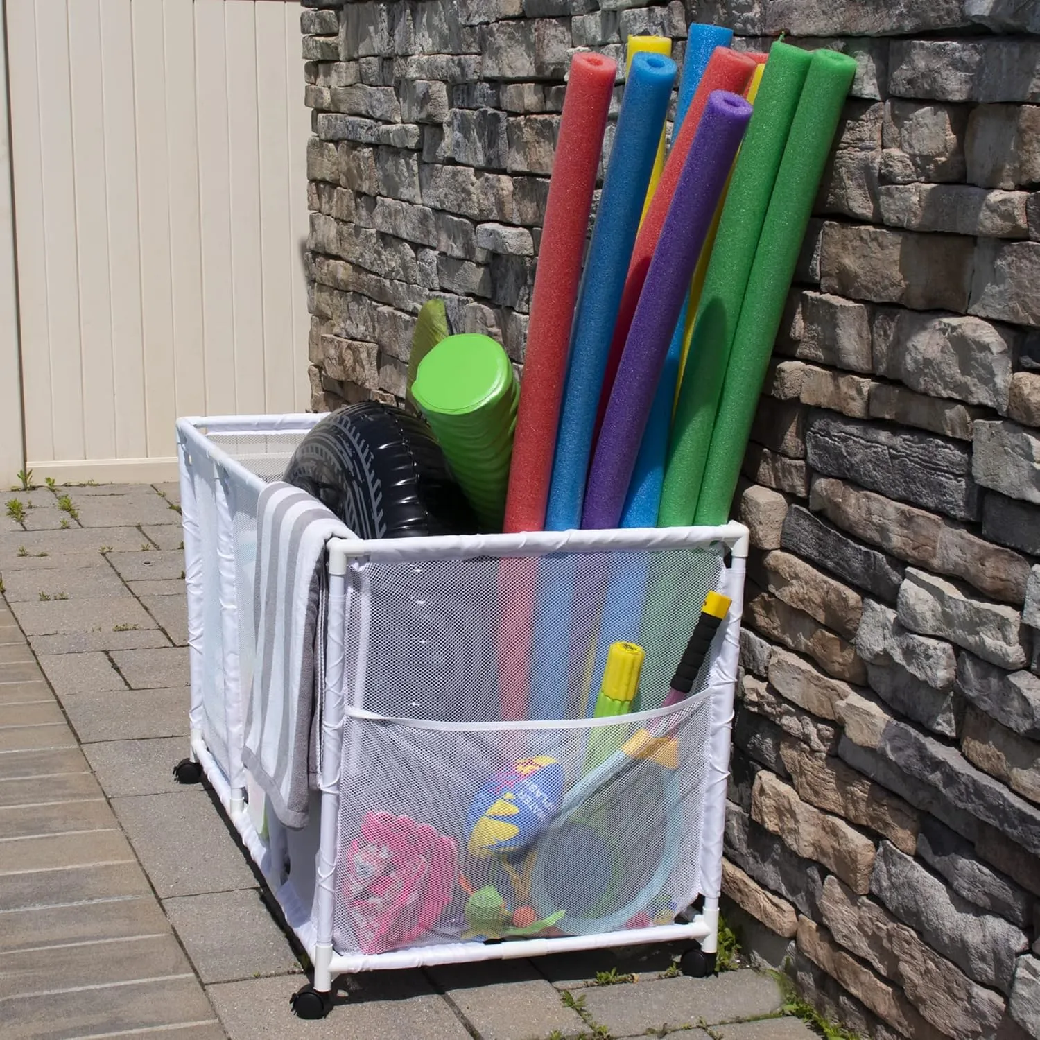 Essentially Yours Pool Noodles Holder, Toys, Balls and Floats Equipment Mesh Rolling Storage Organizer Bin, Kids Height, Large, (43" W x 25" L x 28" H), White Style 563009