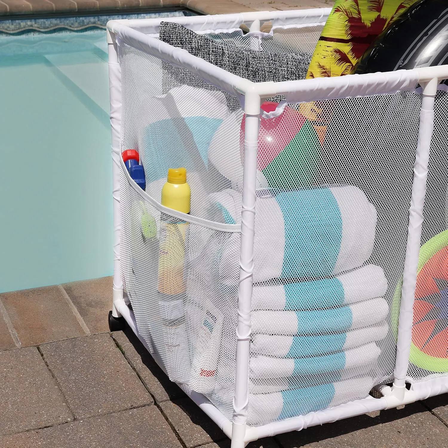 Essentially Yours Pool Noodles Holder, Toys, Balls and Floats Equipment Mesh Rolling Storage Organizer Bin, Kids Height, Large, (43" W x 25" L x 28" H), White Style 563009