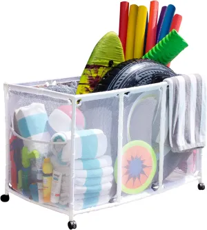 Essentially Yours Pool Noodles Holder, Toys, Balls and Floats Equipment Mesh Rolling Storage Organizer Bin, Kids Height, Large, (43" W x 25" L x 28" H), White Style 563009