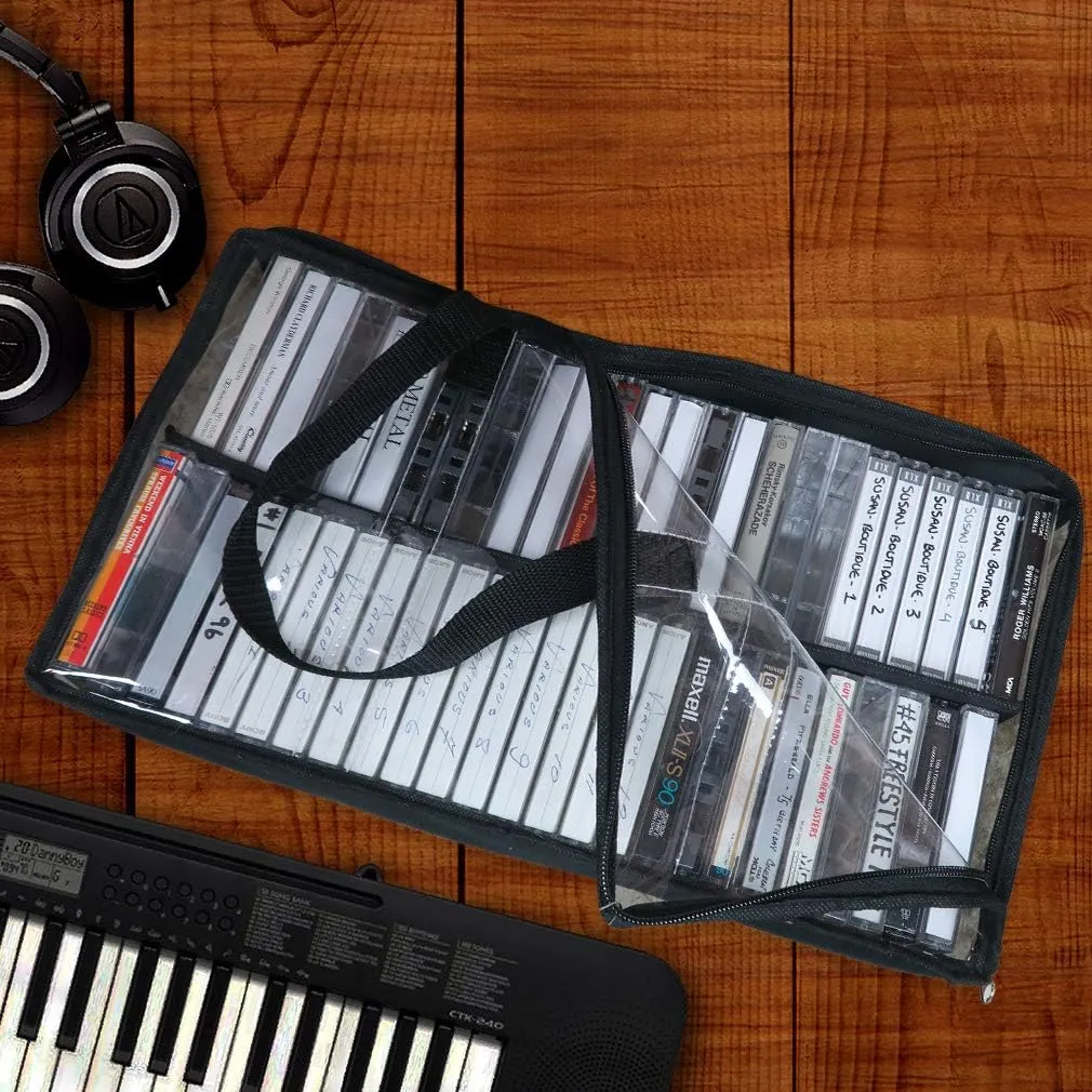 Evelots Cassette Tape Bag -See Thru Organizer Storage with Handles - Easy Carrying Case - No Dust or Moisture - Holds 100 Tapes with cases