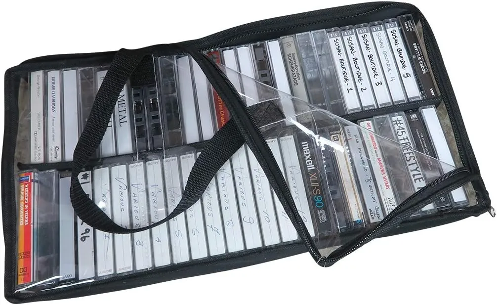 Evelots Cassette Tape Bag -See Thru Organizer Storage with Handles - Easy Carrying Case - No Dust or Moisture - Holds 100 Tapes with cases