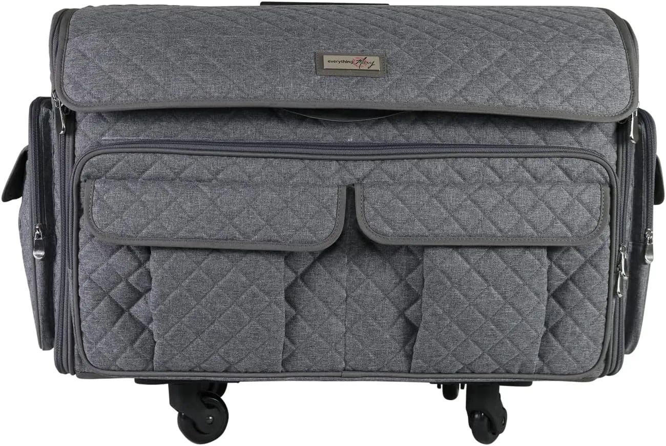Everything Mary XXL Rolling Sewing Tote Sewing Machine Case, Heather Grey - Rolling Carrying Storage Cover for Large Brother and Singer Machines - Universal Travel & Craft Tote Bag