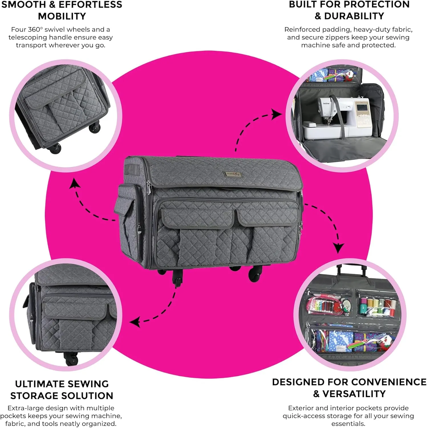 Everything Mary XXL Rolling Sewing Tote Sewing Machine Case, Heather Grey - Rolling Carrying Storage Cover for Large Brother and Singer Machines - Universal Travel & Craft Tote Bag