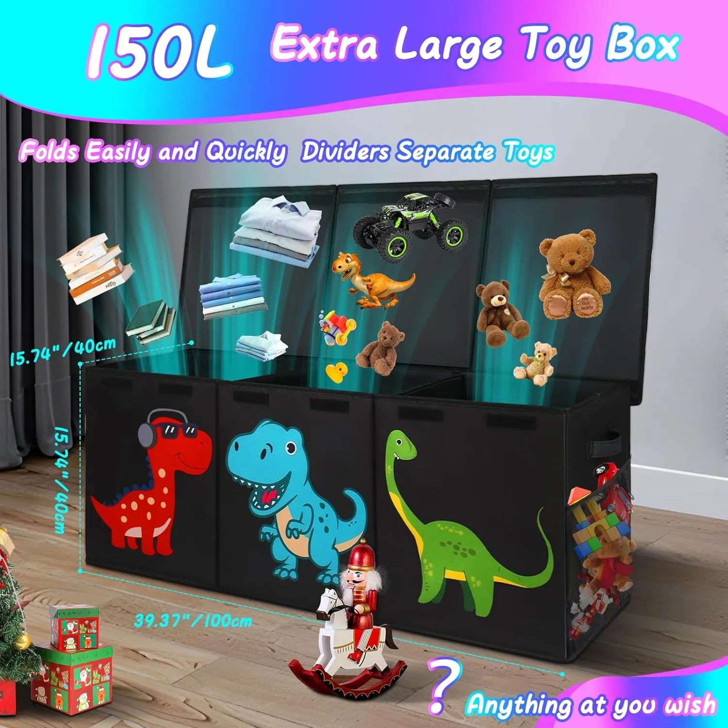 Extra Large Toy Box, Collapsible Sturdy Storage Organizer with Lids, Dinosaur Toybox for Boys Girls, 40"x16"x16" Kids Toy Chest Bin Baskets for Living Room, Playroom, Bedroom, Nursery, Black