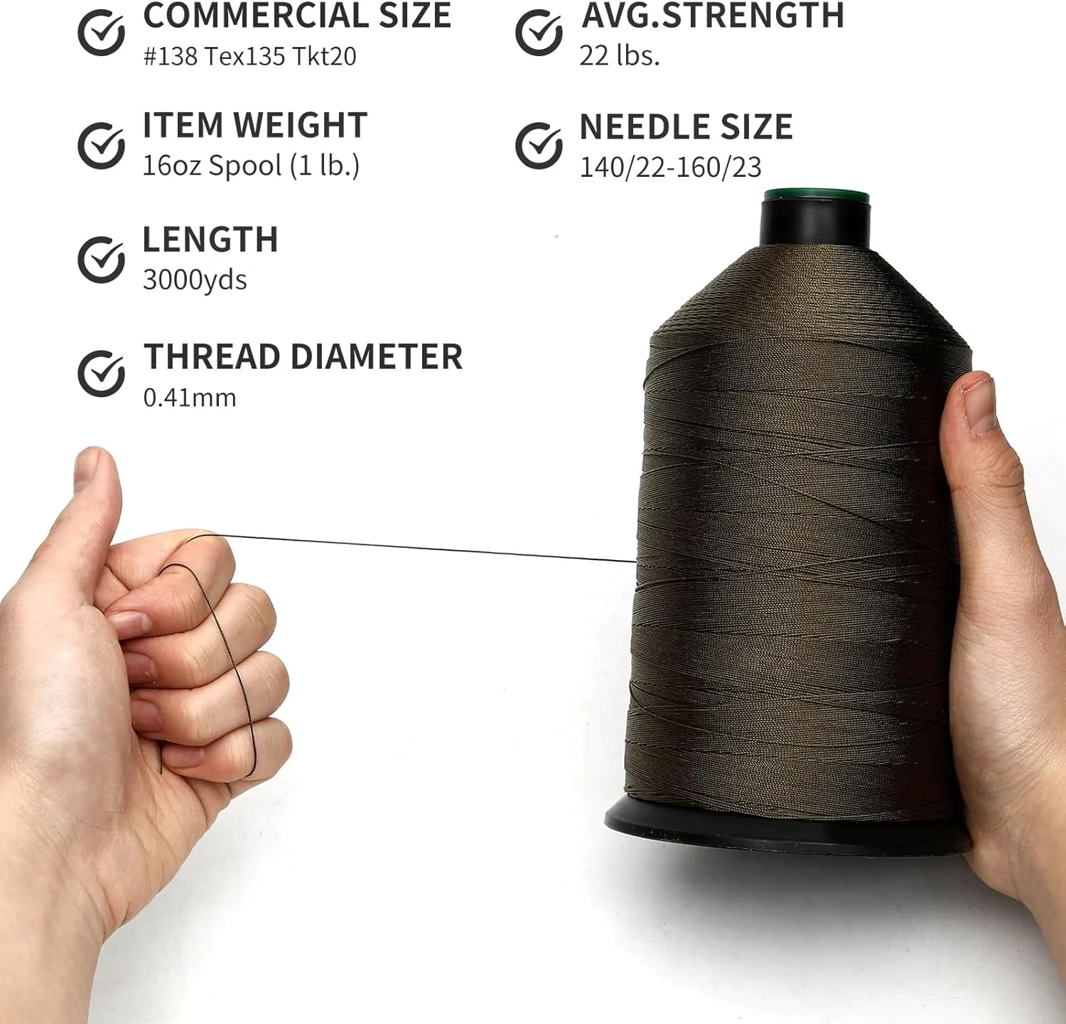 Extra Strong Bonded Nylon Thread #138 Tex135 – 16 OZ, 3000yds, Versatile Stitching Solution for Leather, Upholstery, Canvas Repair and More (Army Green)