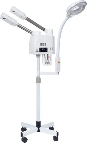 Facial Steamer, 3 in 1 Professional Facial Steamer with 5X Magnifying Lamp, Rolling Floor Face Humidifier with Adjustable Nozzle for Salon Spa Home Beauty Equipment - White