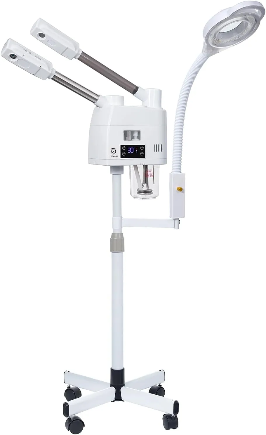 Facial Steamer, 3 in 1 Professional Facial Steamer with 5X Magnifying Lamp, Rolling Floor Face Humidifier with Adjustable Nozzle for Salon Spa Home Beauty Equipment - White
