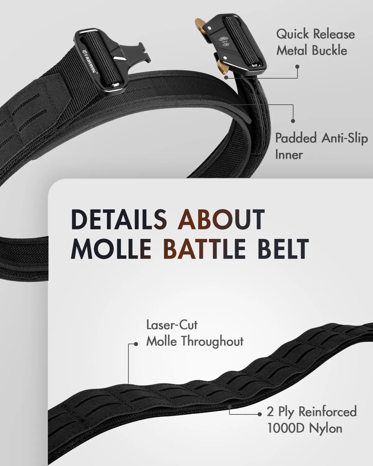 FAIRWIN Tactical Balttle Molle Rigger Belt with Quick Release Buckle - 2 Inch Heavy Duty Carry Combat Belts for Men