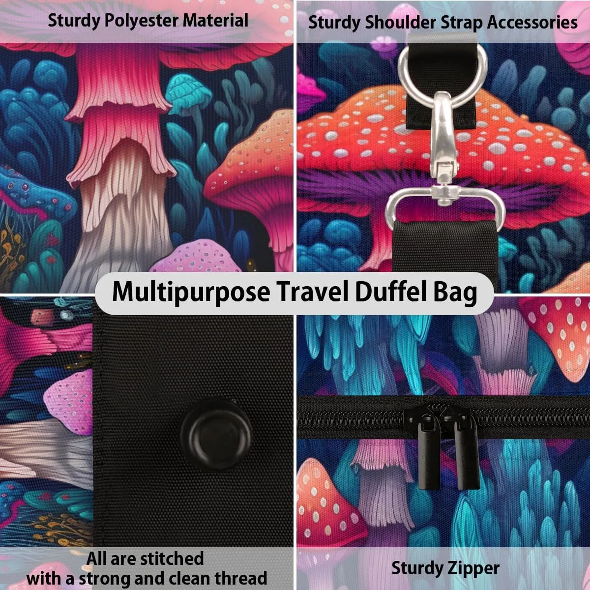 Fantasy Mushroom Travel Duffle Bag for Women Men Gym Duffel Foldable Bag Waterproof Weekender Forest Plant Duffle Tote