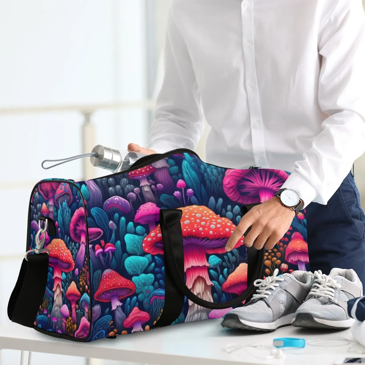 Fantasy Mushroom Travel Duffle Bag for Women Men Gym Duffel Foldable Bag Waterproof Weekender Forest Plant Duffle Tote