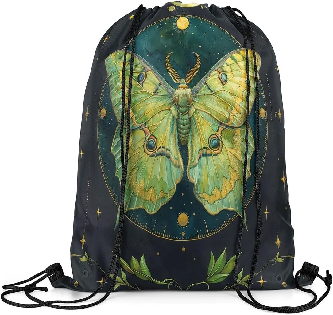 Feelyou Boho Moth Gym String Bag Green Moth Drawstring Backpack Bohemian Moon Star Sports Drawstring Sackpack Green Plant Drawstring Bags
