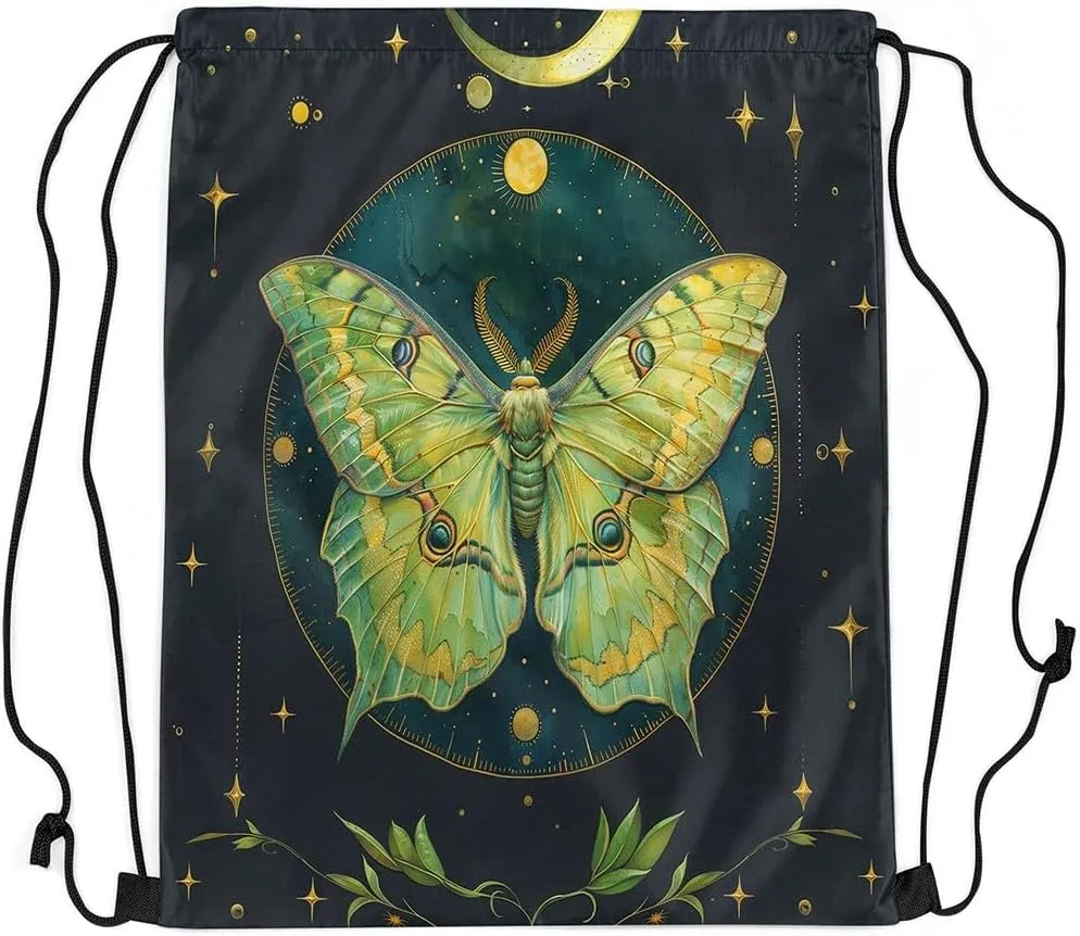 Feelyou Boho Moth Gym String Bag Green Moth Drawstring Backpack Bohemian Moon Star Sports Drawstring Sackpack Green Plant Drawstring Bags
