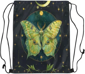 Feelyou Boho Moth Gym String Bag Green Moth Drawstring Backpack Bohemian Moon Star Sports Drawstring Sackpack Green Plant Drawstring Bags