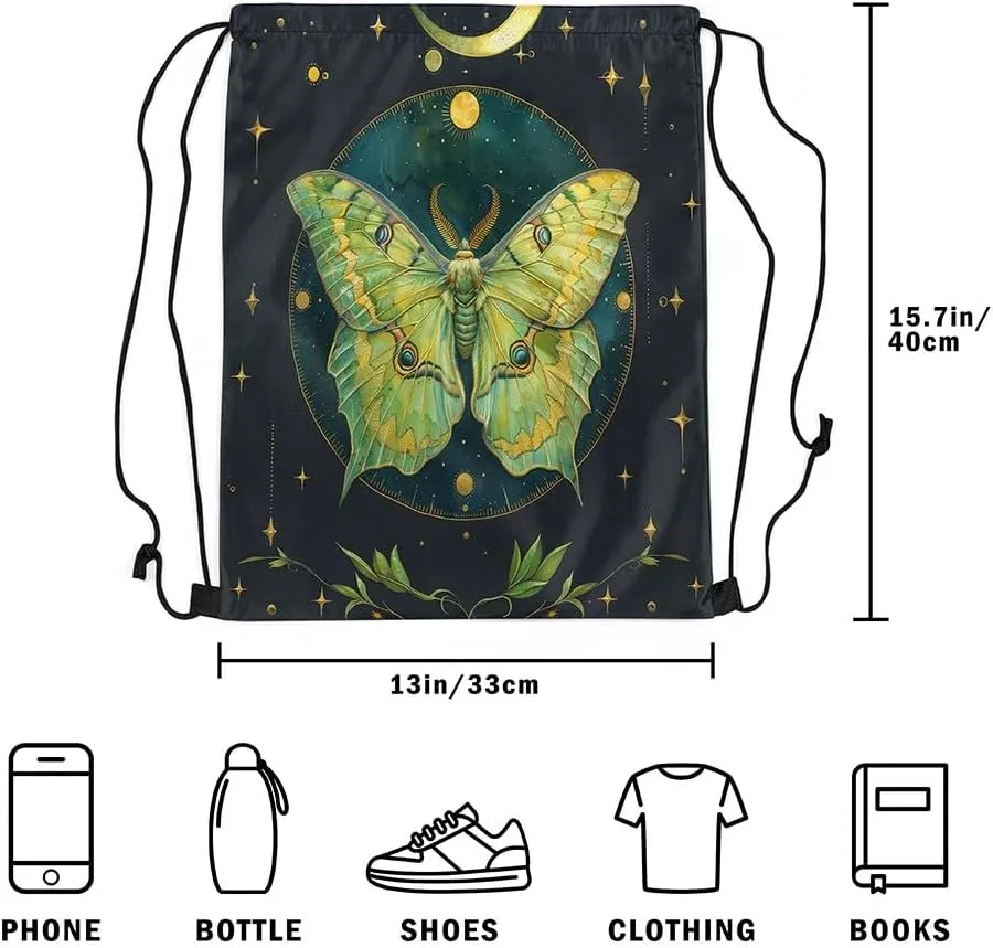 Feelyou Boho Moth Gym String Bag Green Moth Drawstring Backpack Bohemian Moon Star Sports Drawstring Sackpack Green Plant Drawstring Bags