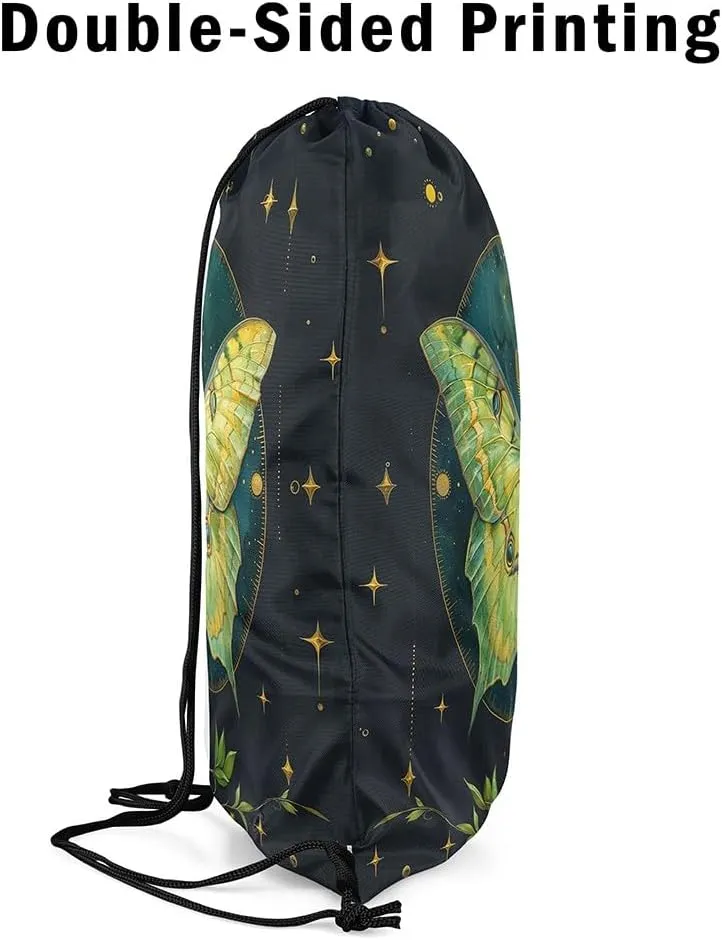 Feelyou Boho Moth Gym String Bag Green Moth Drawstring Backpack Bohemian Moon Star Sports Drawstring Sackpack Green Plant Drawstring Bags