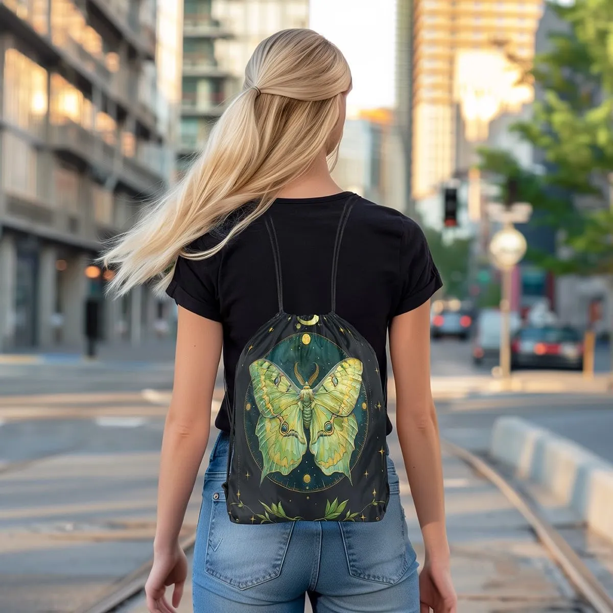 Feelyou Boho Moth Gym String Bag Green Moth Drawstring Backpack Bohemian Moon Star Sports Drawstring Sackpack Green Plant Drawstring Bags