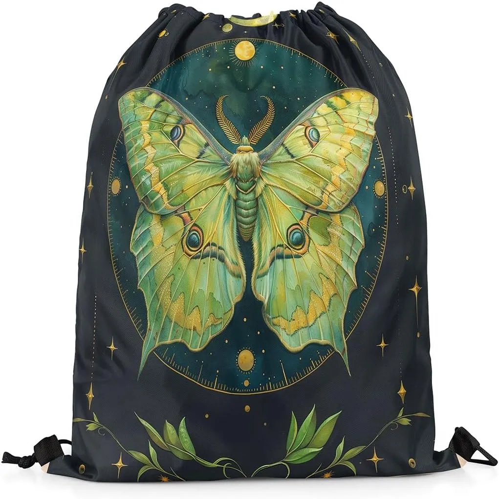 Feelyou Boho Moth Gym String Bag Green Moth Drawstring Backpack Bohemian Moon Star Sports Drawstring Sackpack Green Plant Drawstring Bags