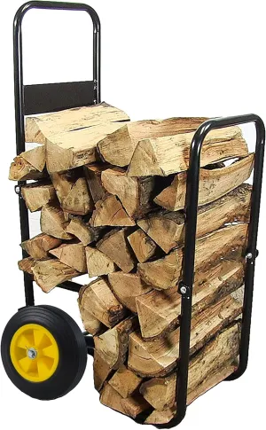 Firewood Log Cart Carrier - Outdoor or Indoor Black Steel Wood Rack Storage Mover - Rolling Wheeled Metal Dolly Hauler - Wood Moving Equipment
